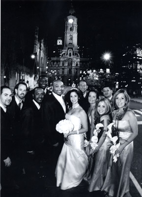 Black and white photo of Philadelphia wedding party