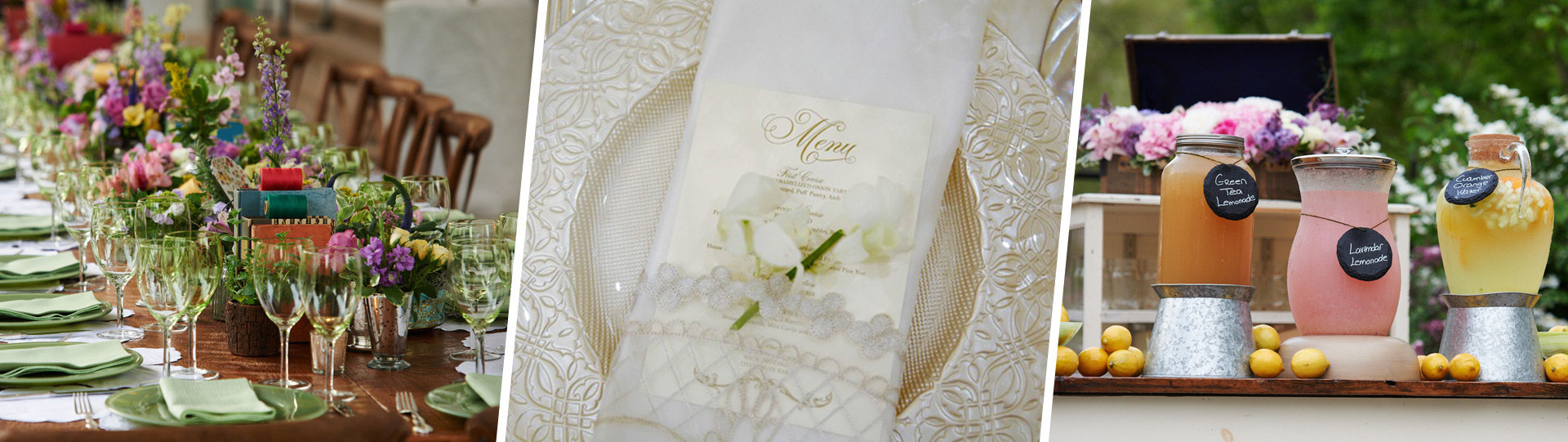 Wedding reception table, menu, and drinks